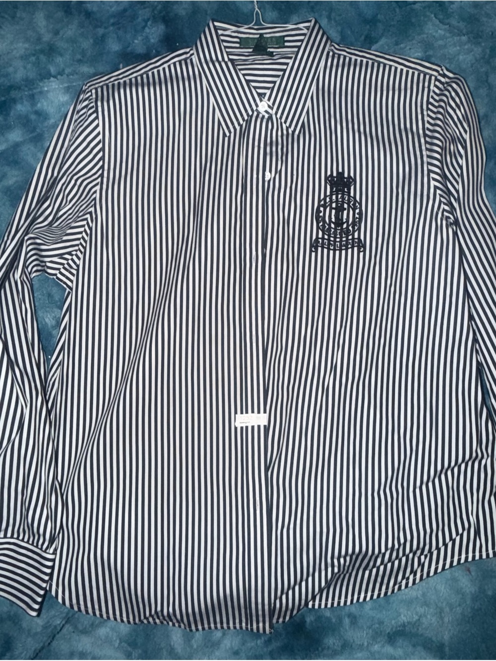 Women’s Ralph Lauren Black and White Striped Button-Down Shirt with Crest